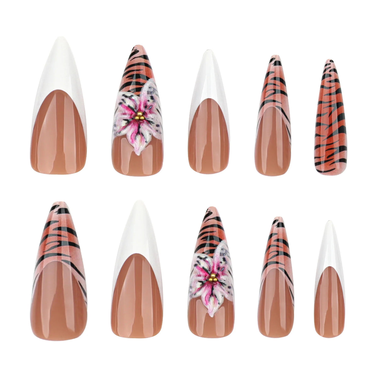 Press-On Nail Set Stiletto Floral & Tiger Print Easy-To-Apply