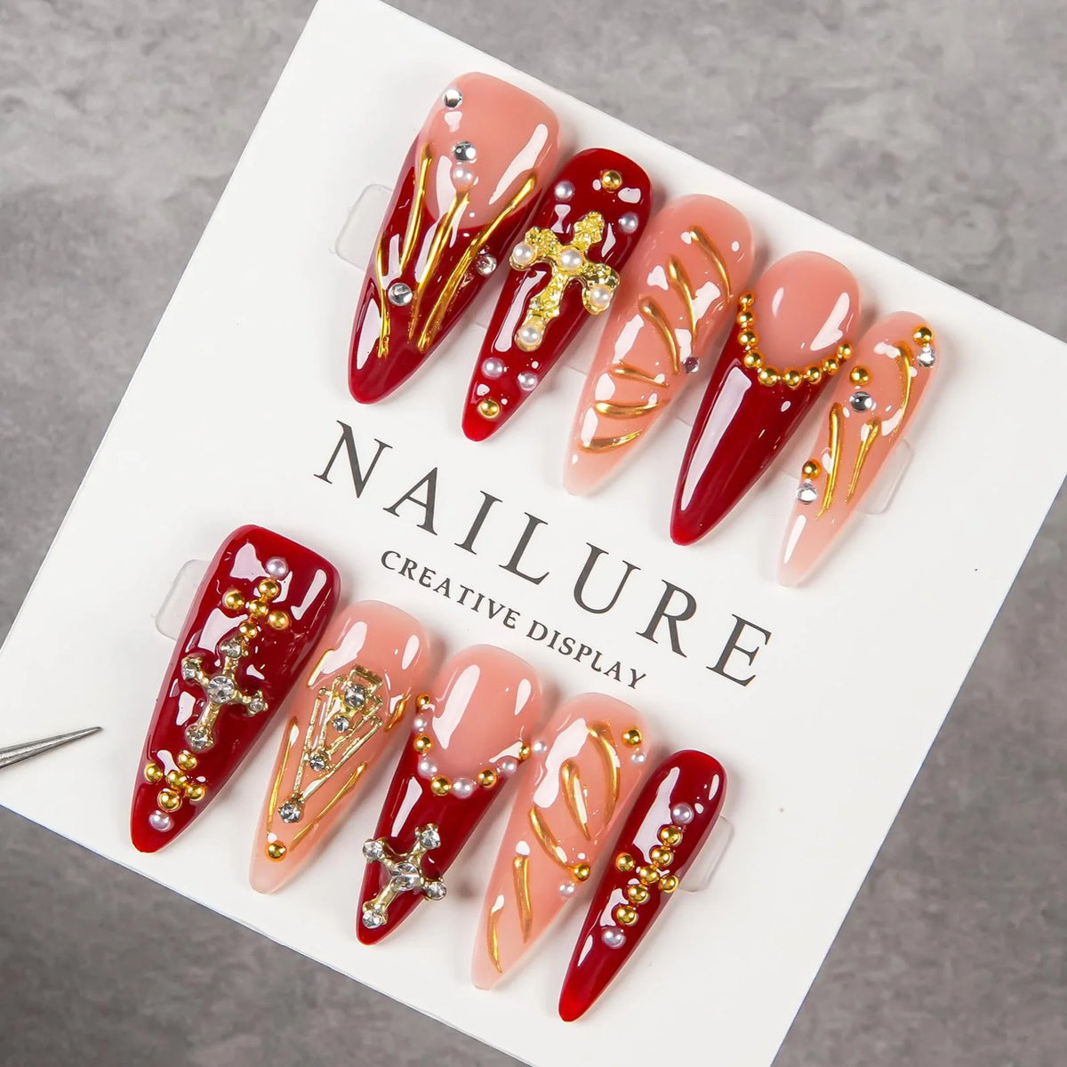 Press-On Nail Set Stiletto Gem-Embellished Reusable