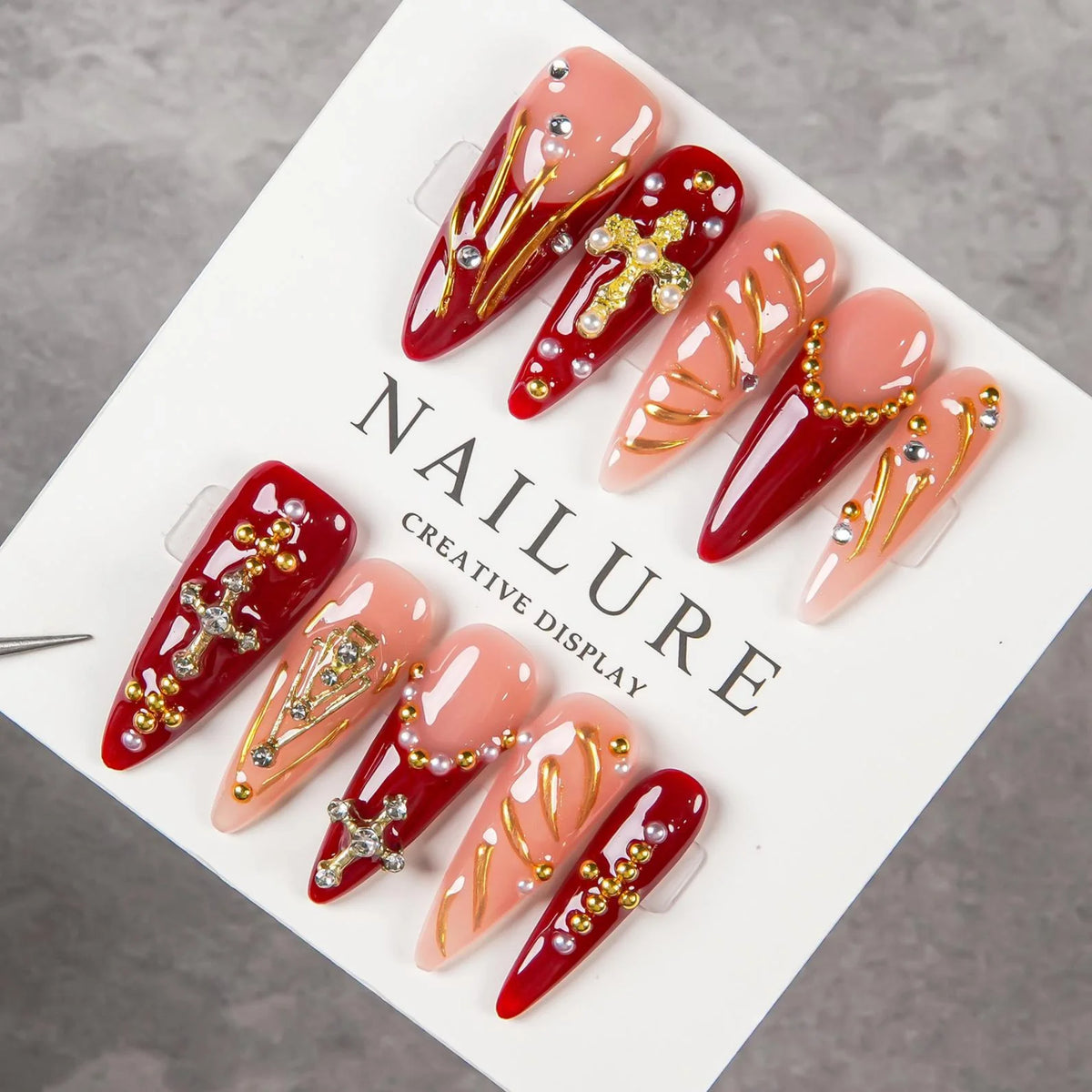 Press-On Nail Set Stiletto Gem-Embellished Reusable