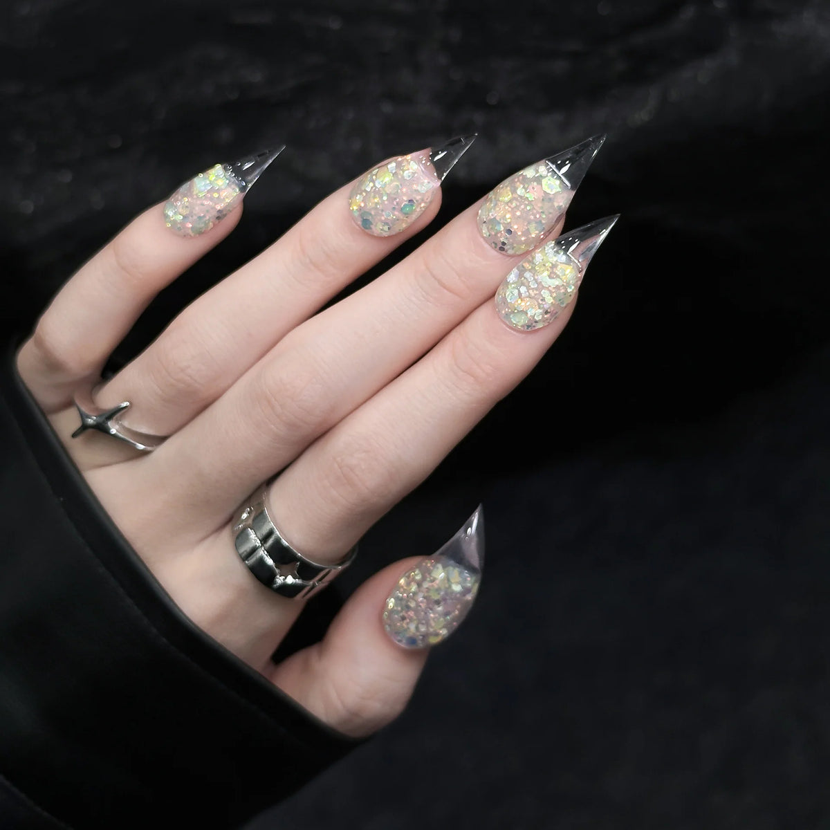 Press-On Nail Set Stiletto Glitter & Ombre Glue-Free