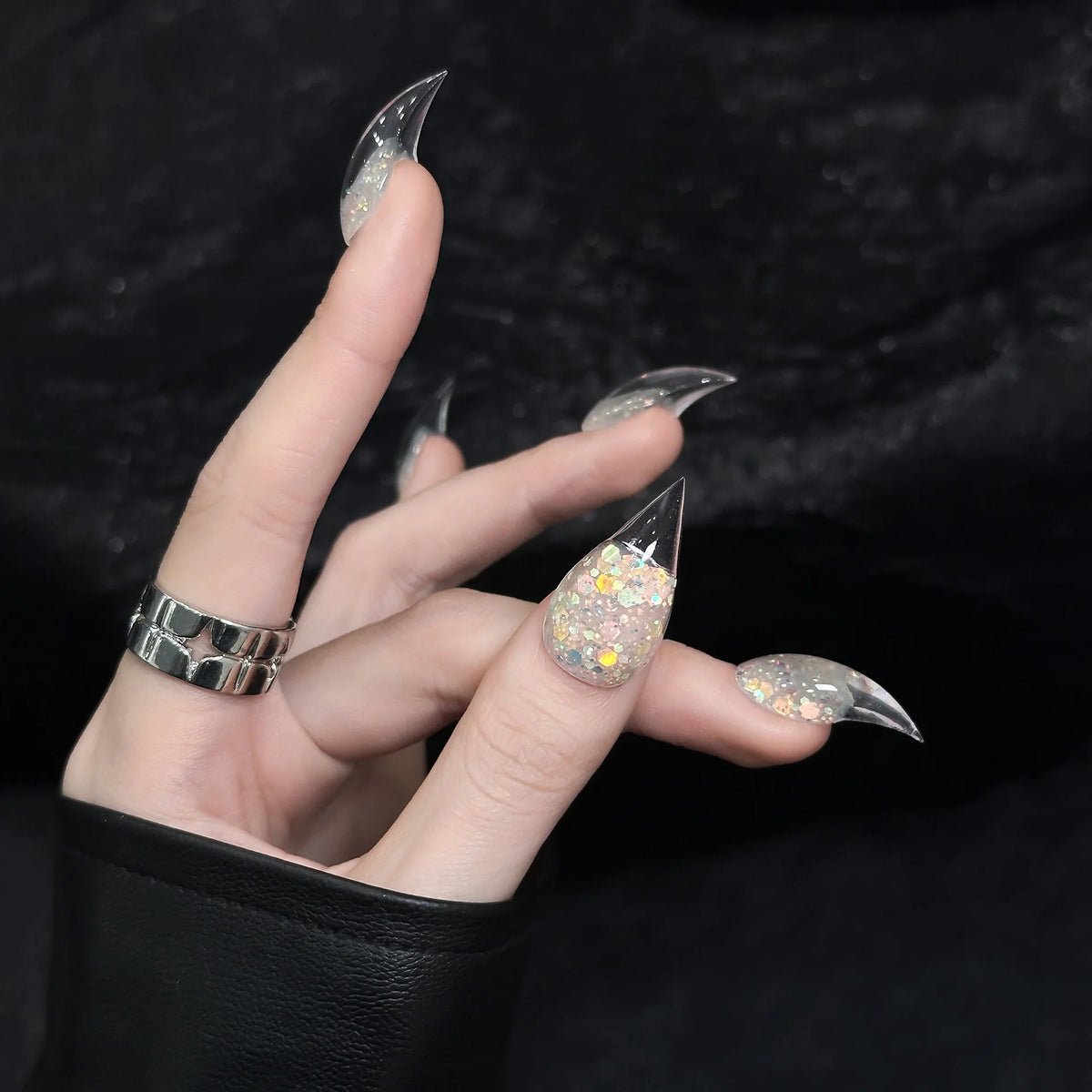 Press-On Nail Set Stiletto Glitter & Ombre Glue-Free
