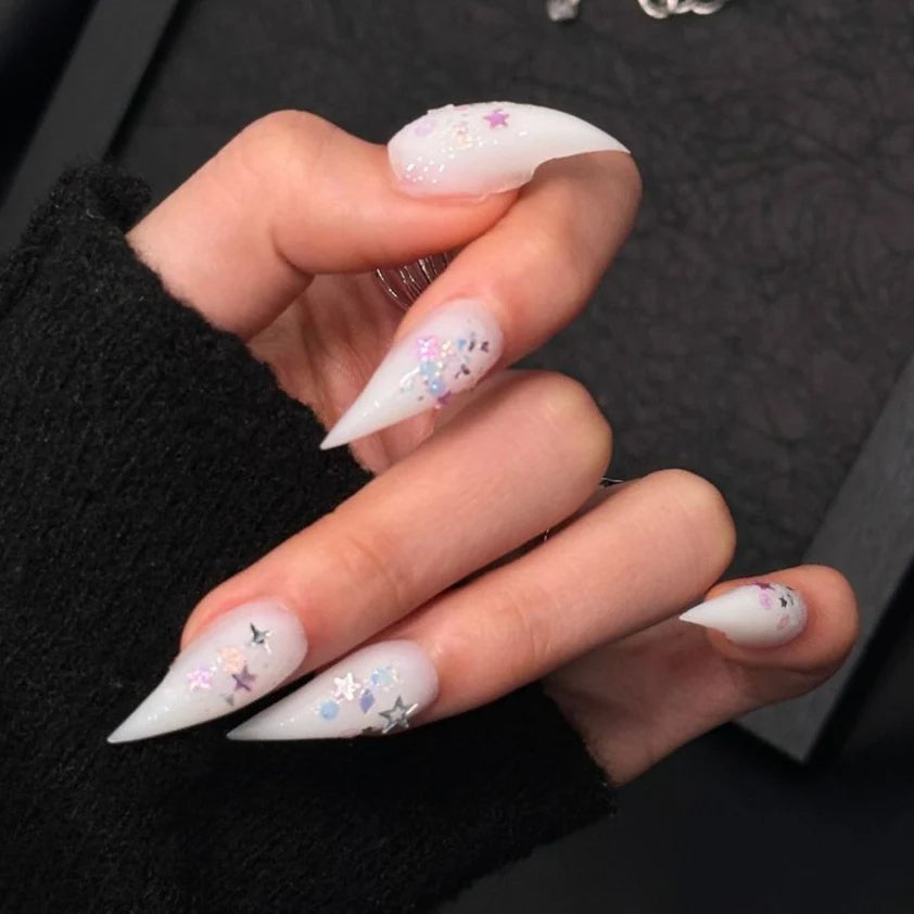 Press-On Nail Set Stiletto Glitter & Star Accents Long-Lasting
