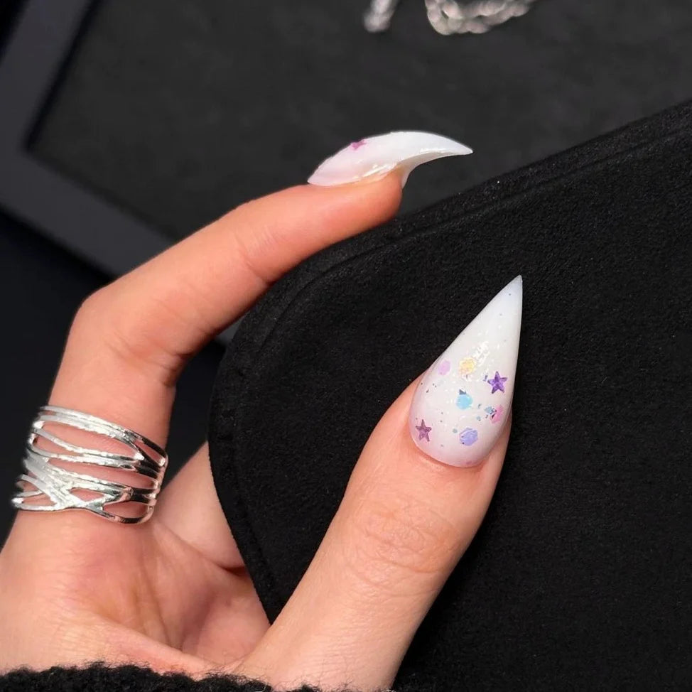 Press-On Nail Set Stiletto Glitter & Star Accents Long-Lasting