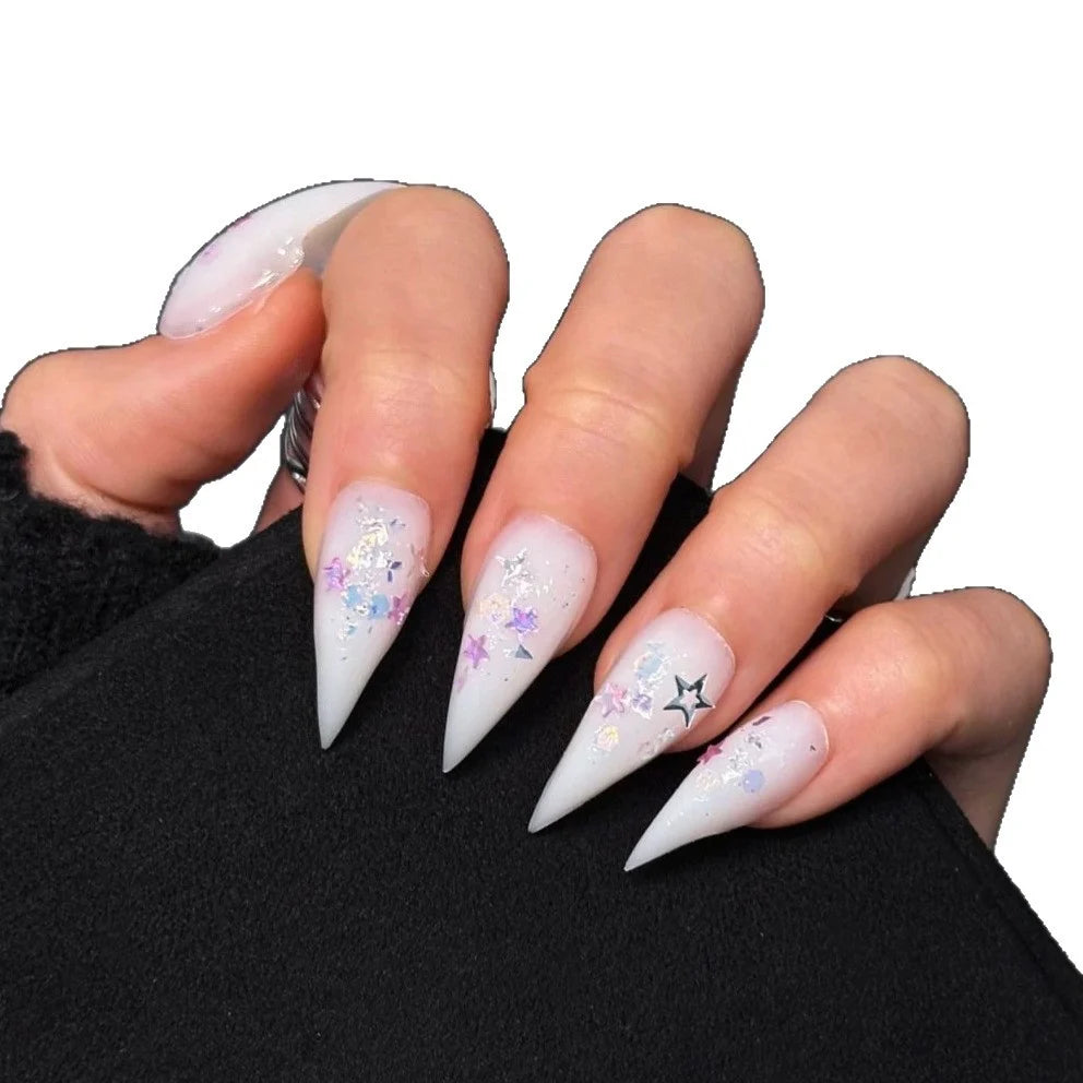 Press-On Nail Set Stiletto Glitter & Star Accents Long-Lasting