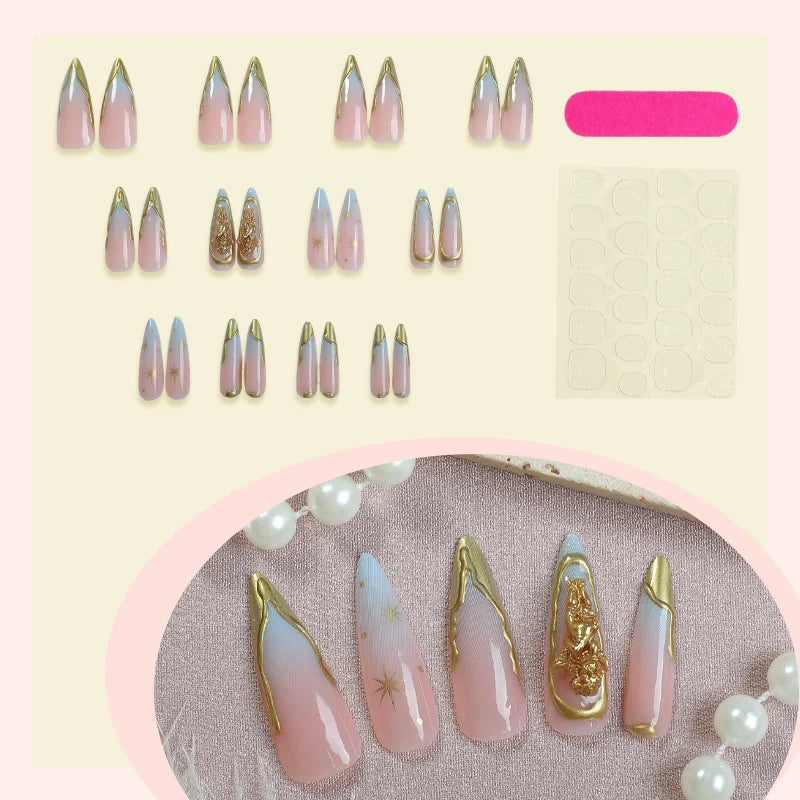 Press-On Nail Set Stiletto Gold Accents Easy Application
