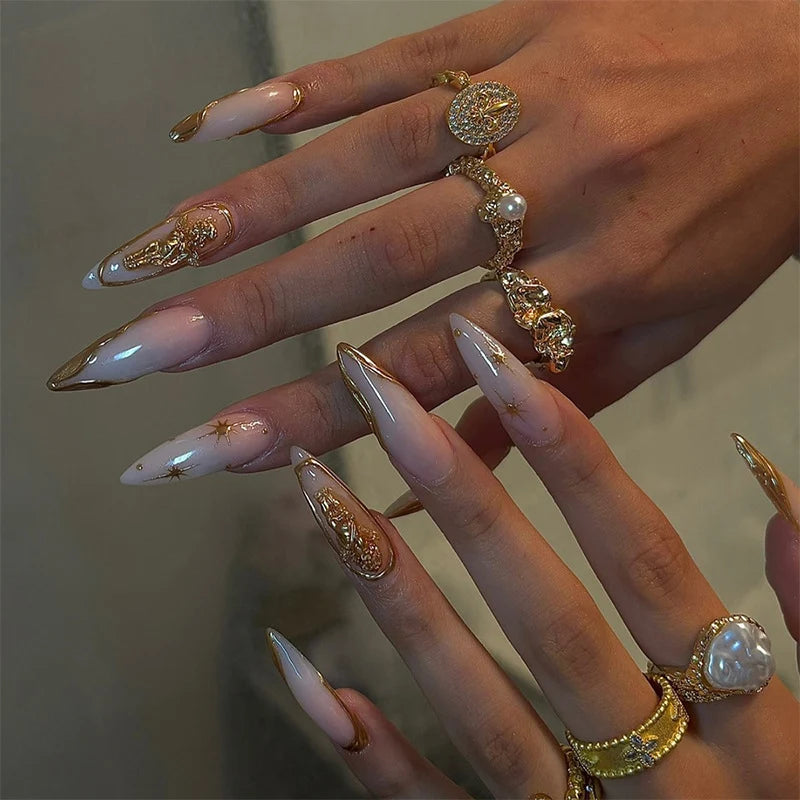 Press-On Nail Set Stiletto Gold Accents Easy Application
