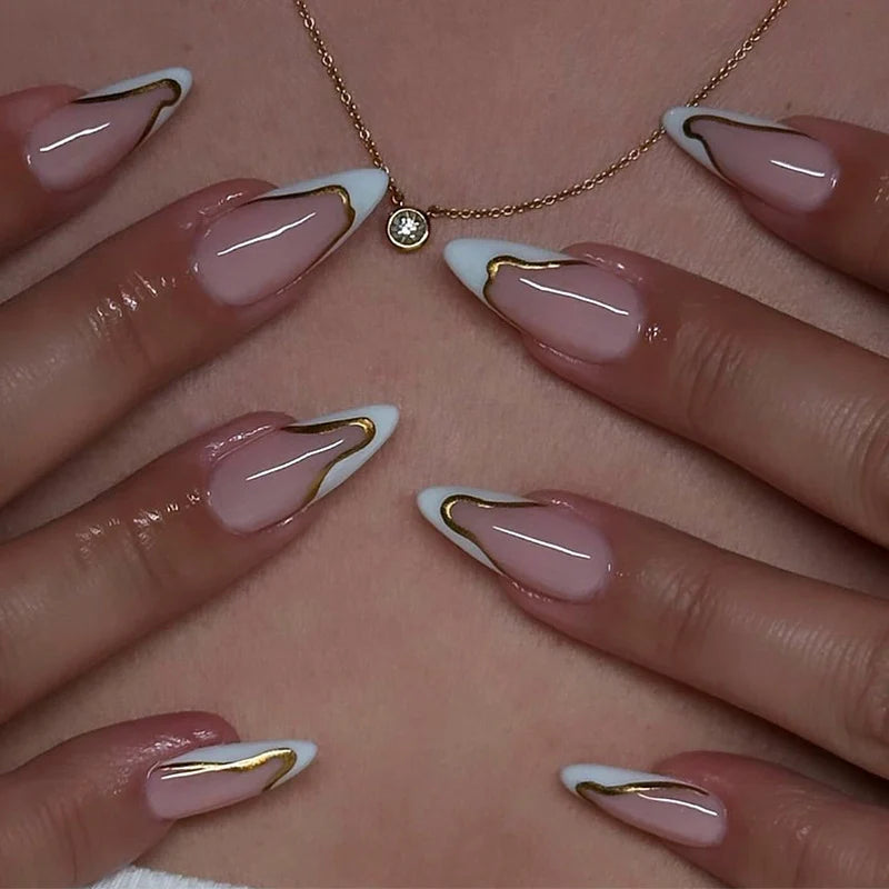 Press-On Nail Set Stiletto Gold Accents Long-Lasting