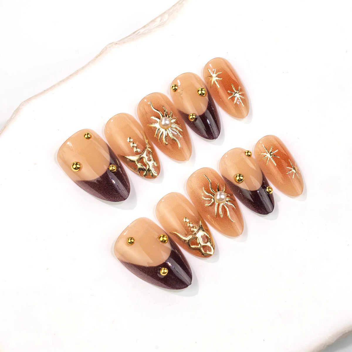 Press-On Nail Set Stiletto Gold Accents Peel & Stick