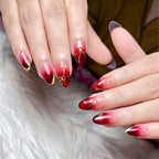 Press-On Nail Set Stiletto Gradient Ombre Gold Bows Reusable