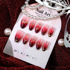 Press-On Nail Set Stiletto Gradient Ombre Gold Bows Reusable