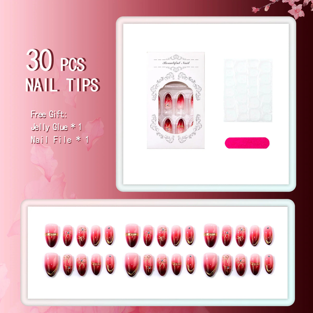 Press-On Nail Set Stiletto Gradient Ombre Gold Bows Reusable