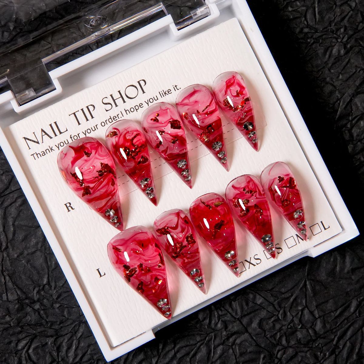 Press-On Nail Set Stiletto Marbled Peel-Off Adhesive