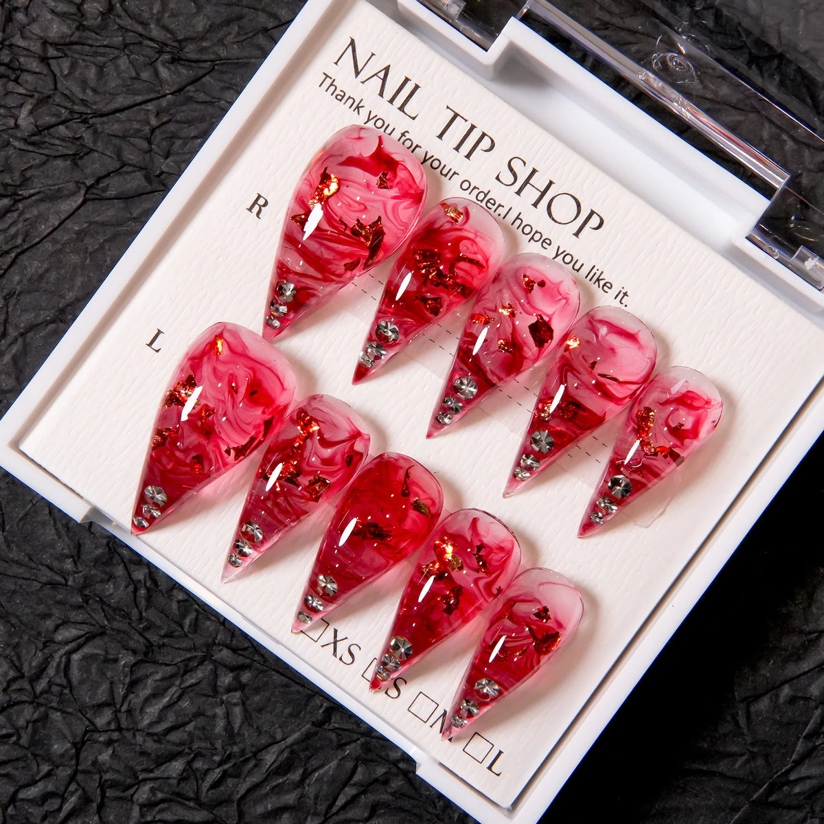 Press-On Nail Set Stiletto Marbled Peel-Off Adhesive