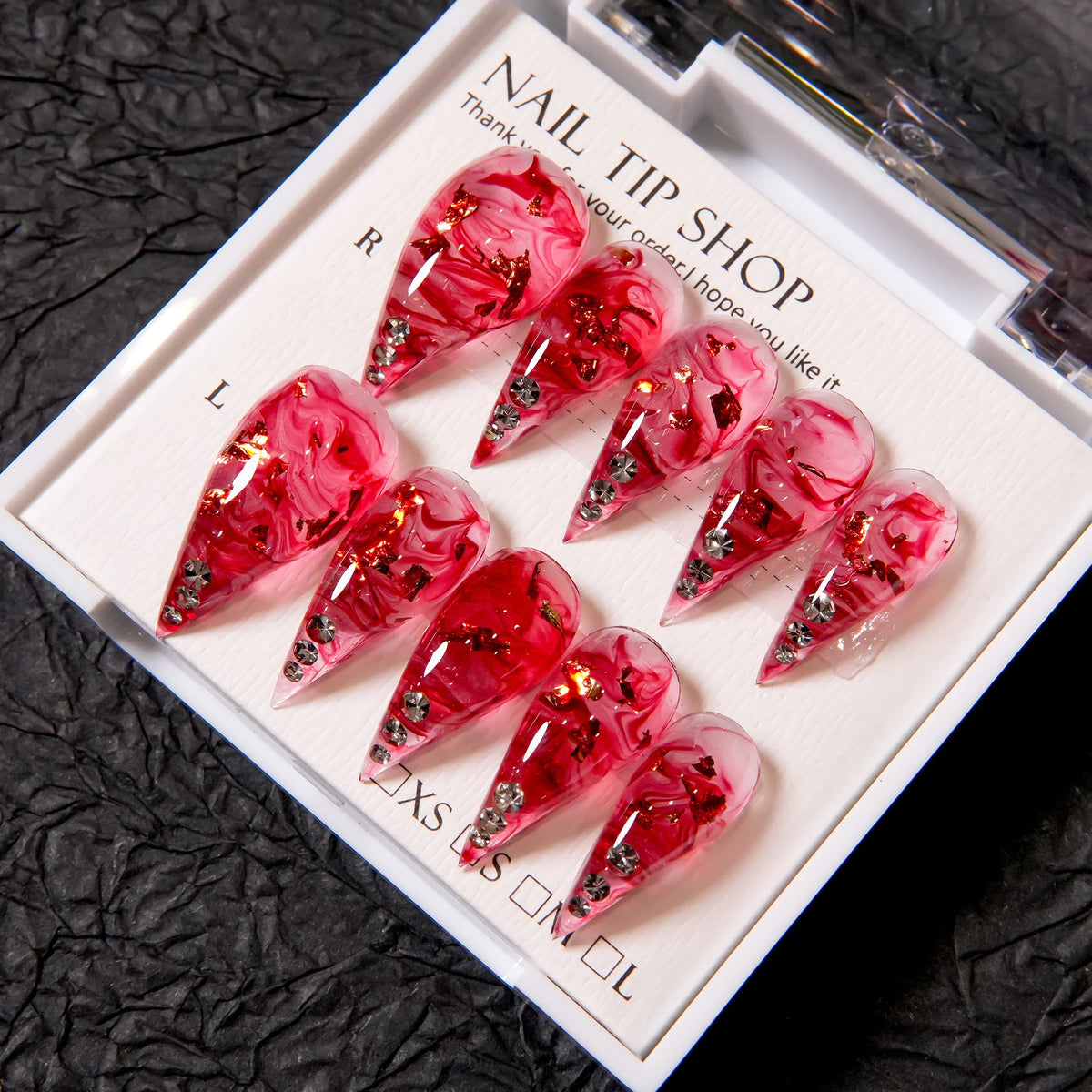 Press-On Nail Set Stiletto Marbled Peel-Off Adhesive