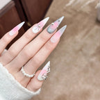 Press-On Nail Set Stiletto Pink Ombre Gem Accents