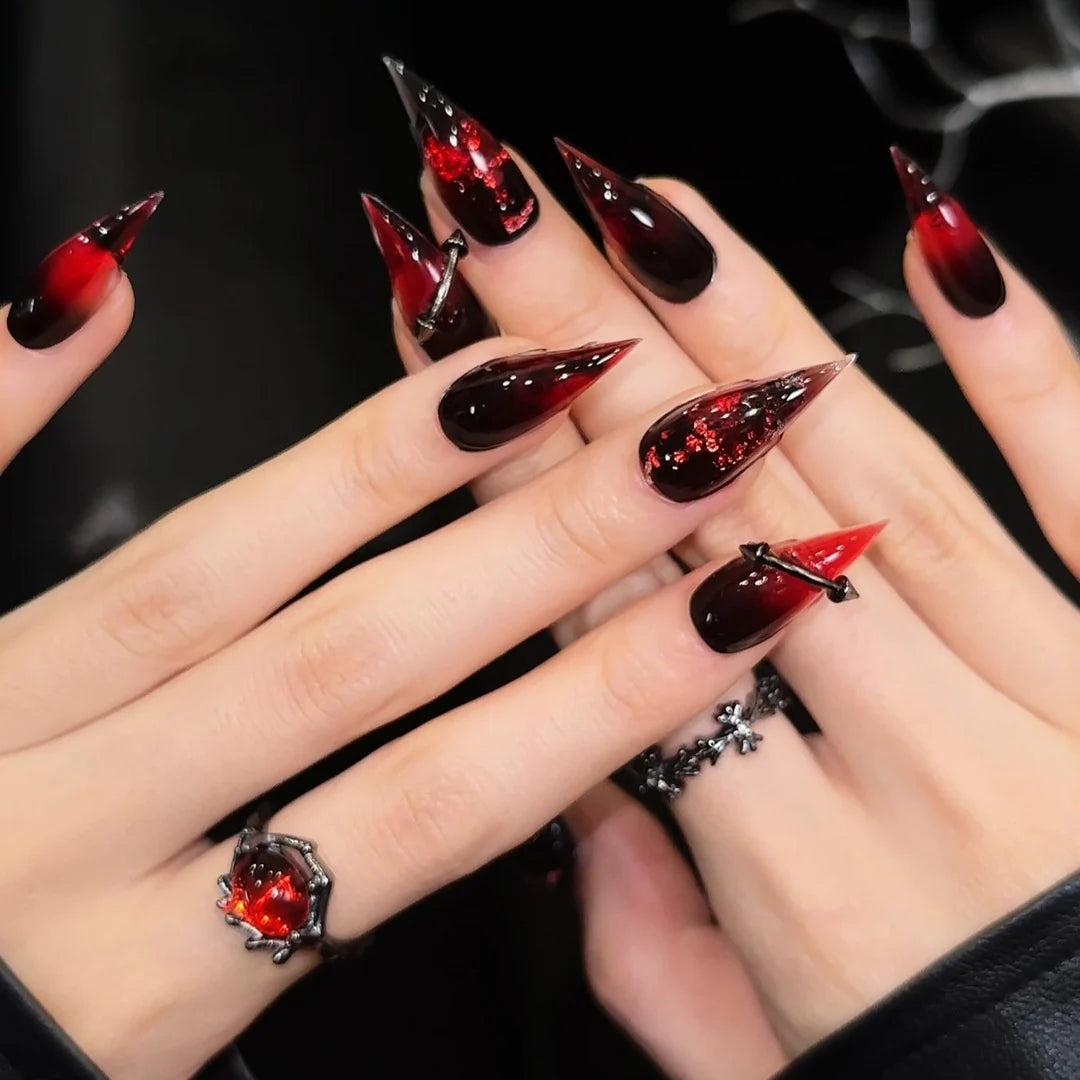 Press-On Nail Set Stiletto Red & Black Strong Adhesive