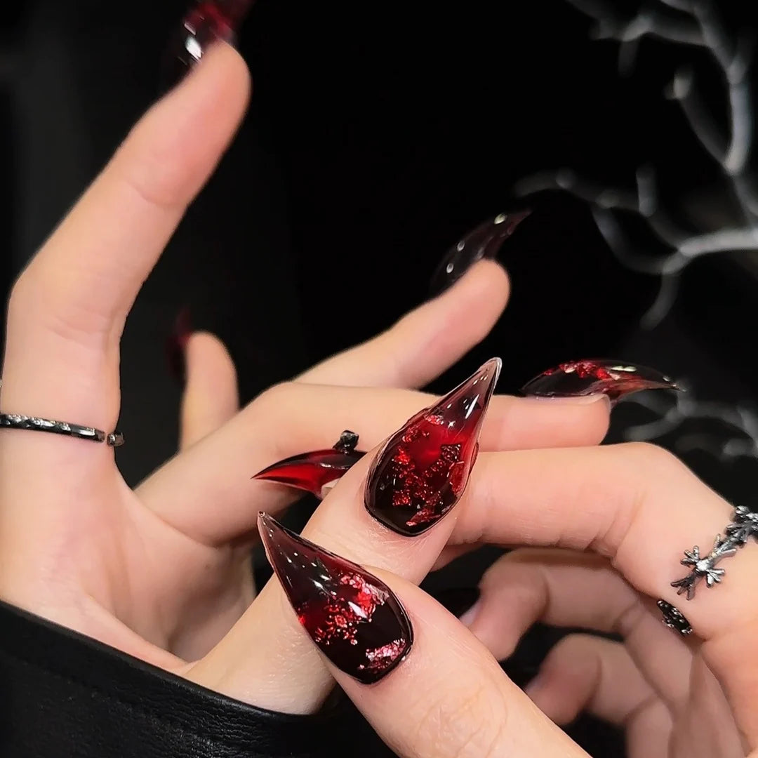 Press-On Nail Set Stiletto Red & Black Strong Adhesive