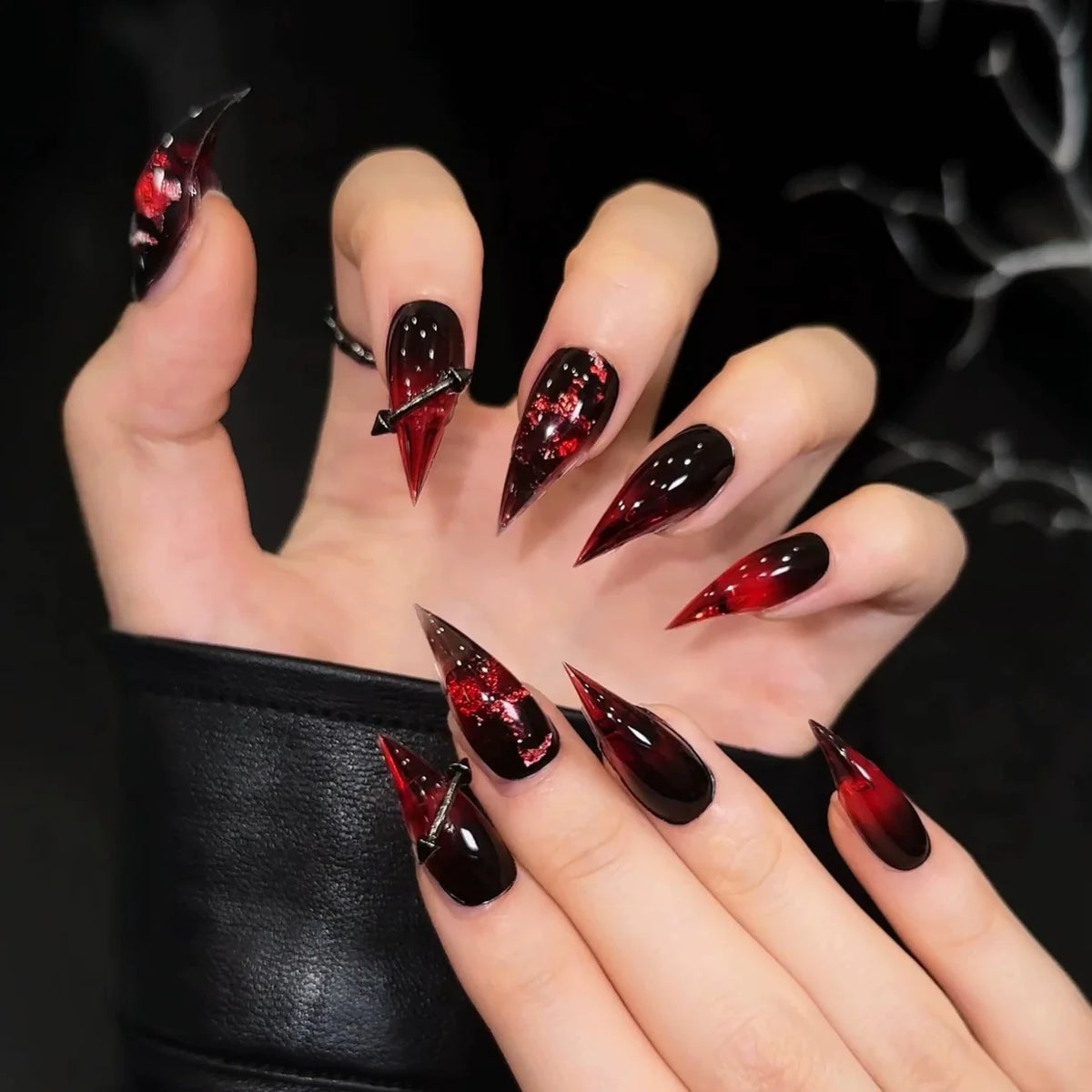 Press-On Nail Set Stiletto Red & Black Strong Adhesive