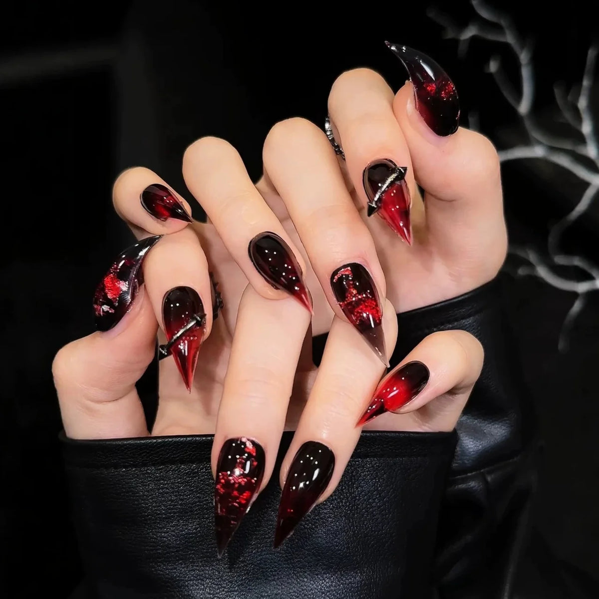 Press-On Nail Set Stiletto Red & Black Strong Adhesive