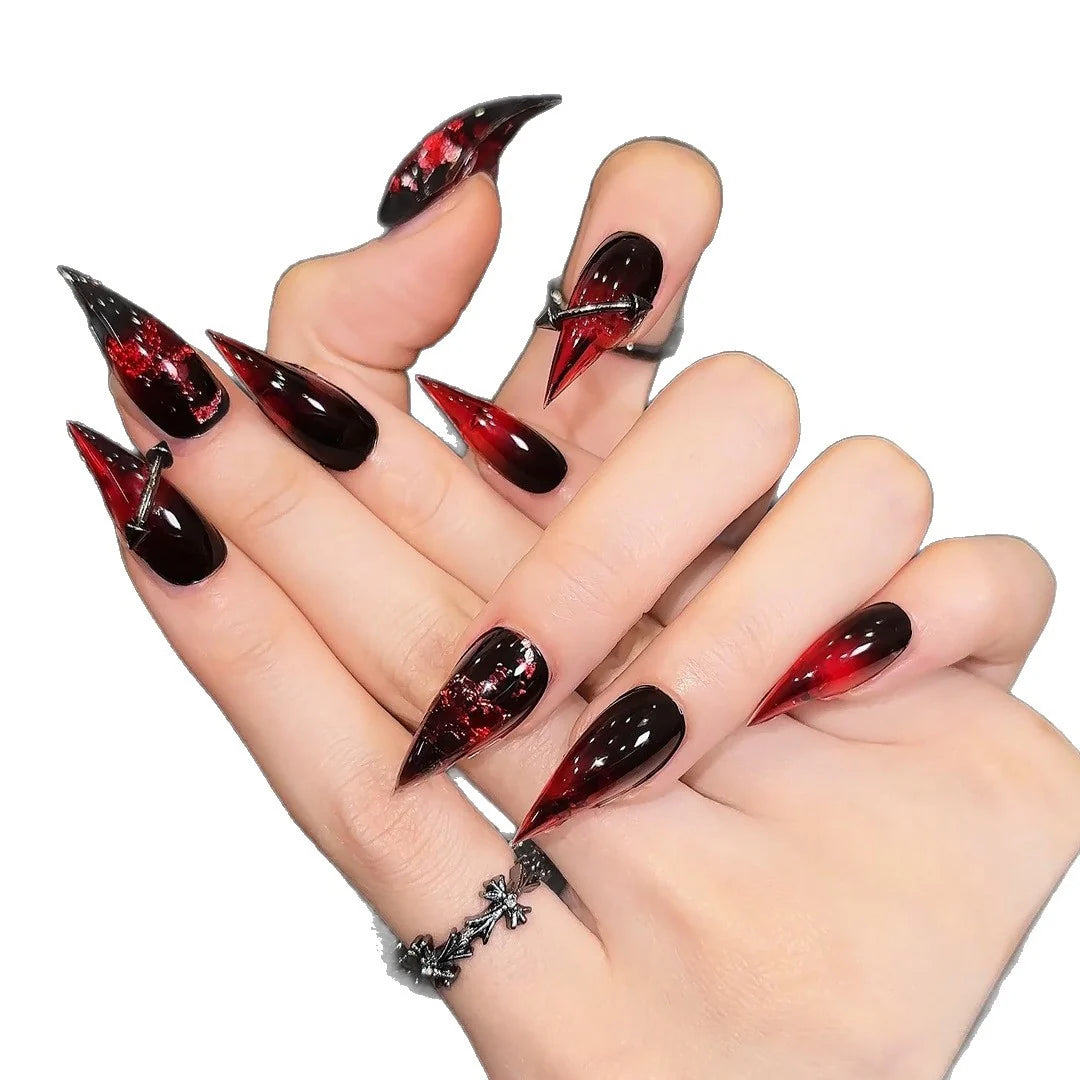 Press-On Nail Set Stiletto Red & Black Strong Adhesive