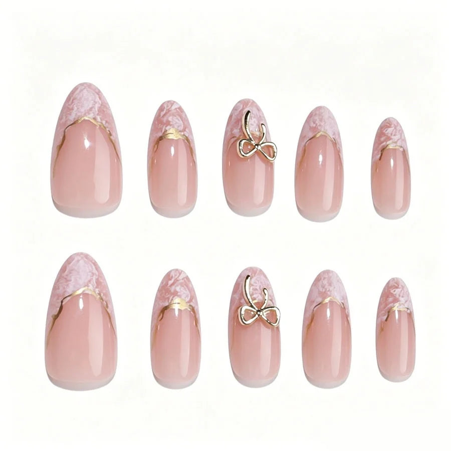 Press-On Nail Set Stiletto Red Gold Accents