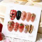 Press-On Nail Set Strawberry & Ladybug Gold Accents Reusable