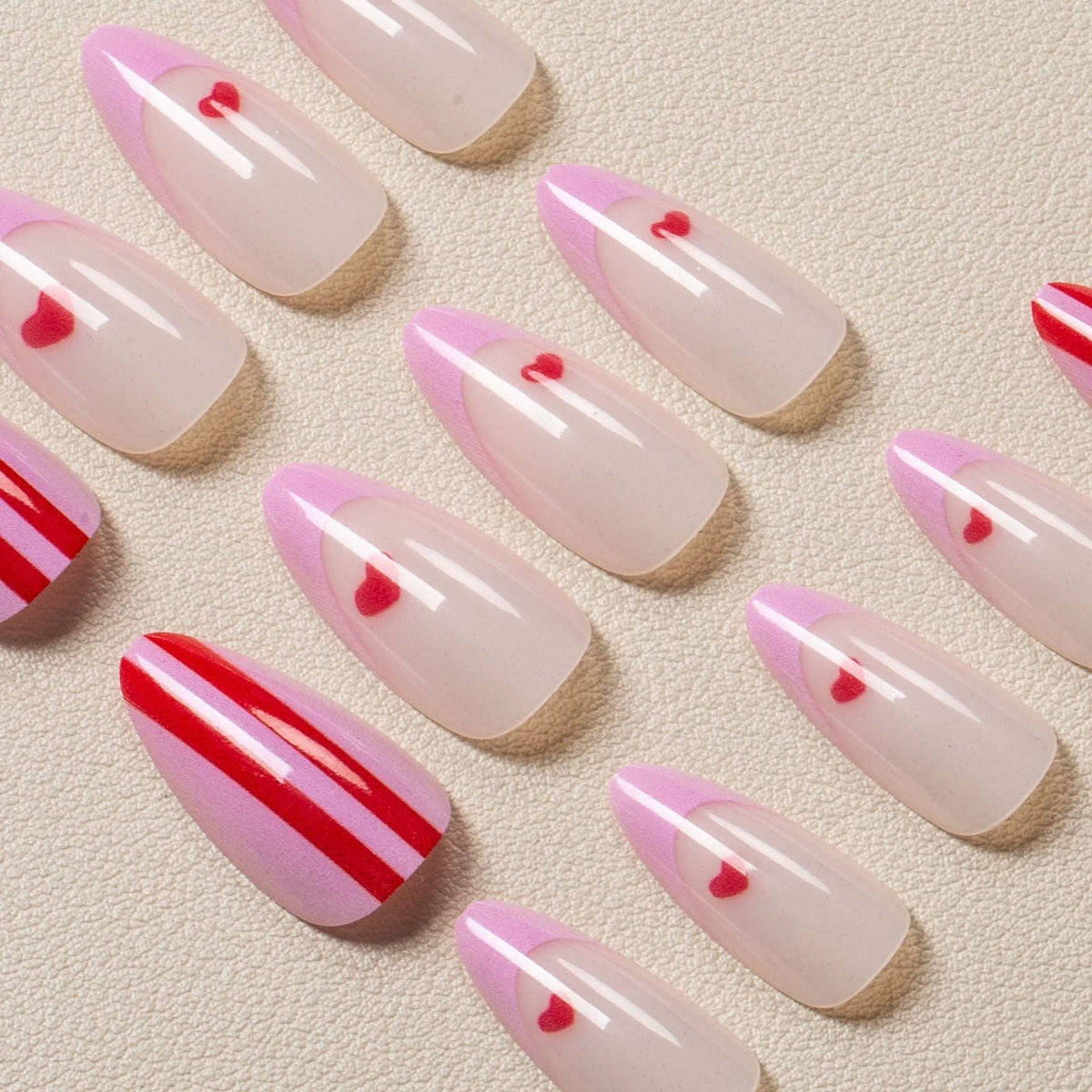 Press-On Nail Set Striped Design & Heart Accents