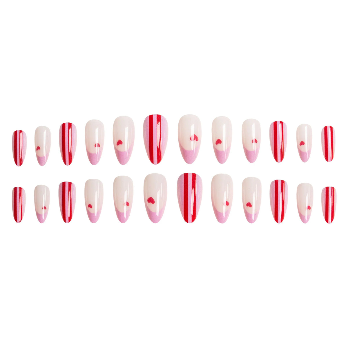 Press-On Nail Set Striped Design & Heart Accents