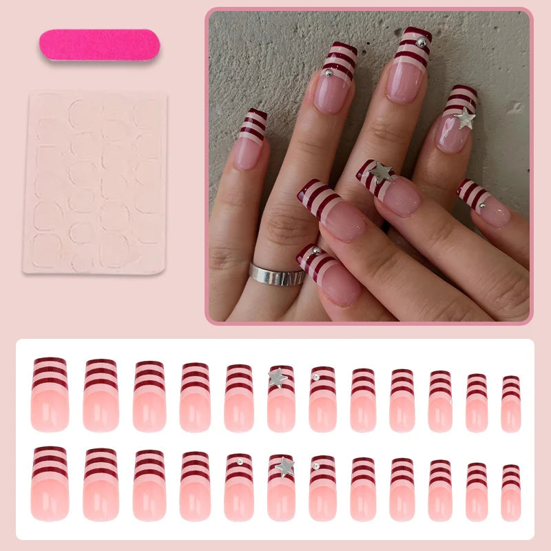 Press-On Nail Set Striped Stars 24 Piece Long-Lasting