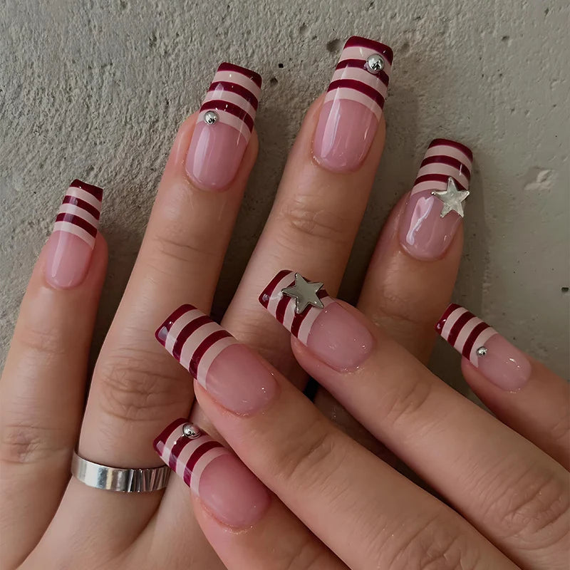 Press-On Nail Set Striped Stars 24 Piece Long-Lasting