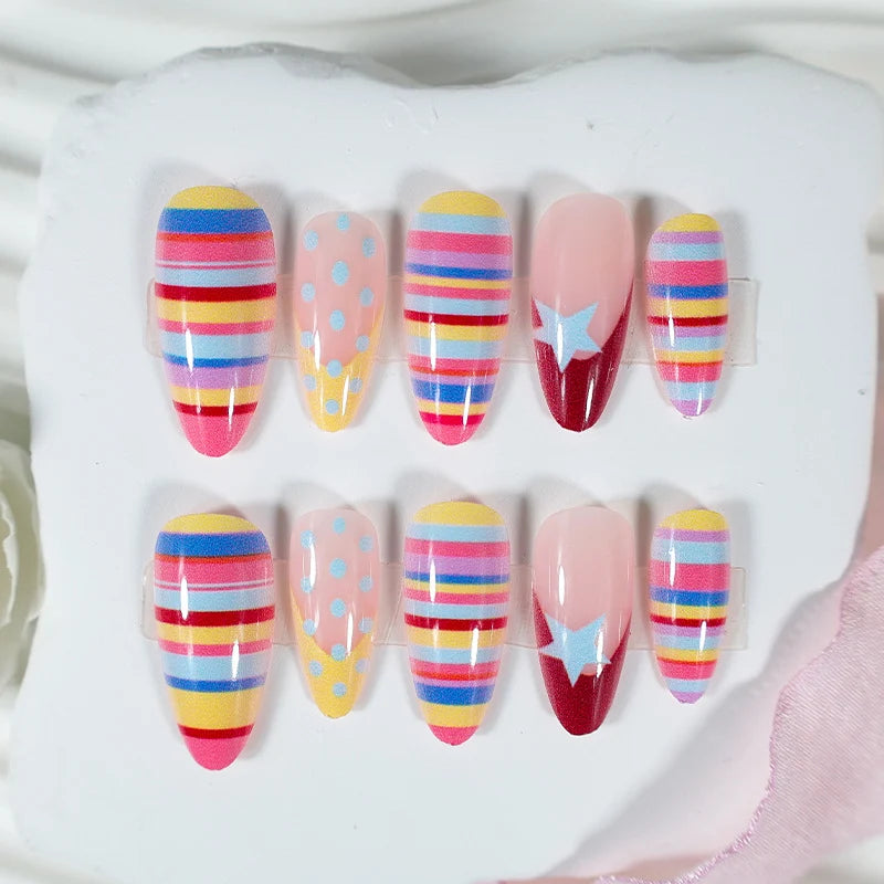 Press-On Nail Set Stripes Dots & Stars Self-Adhesive