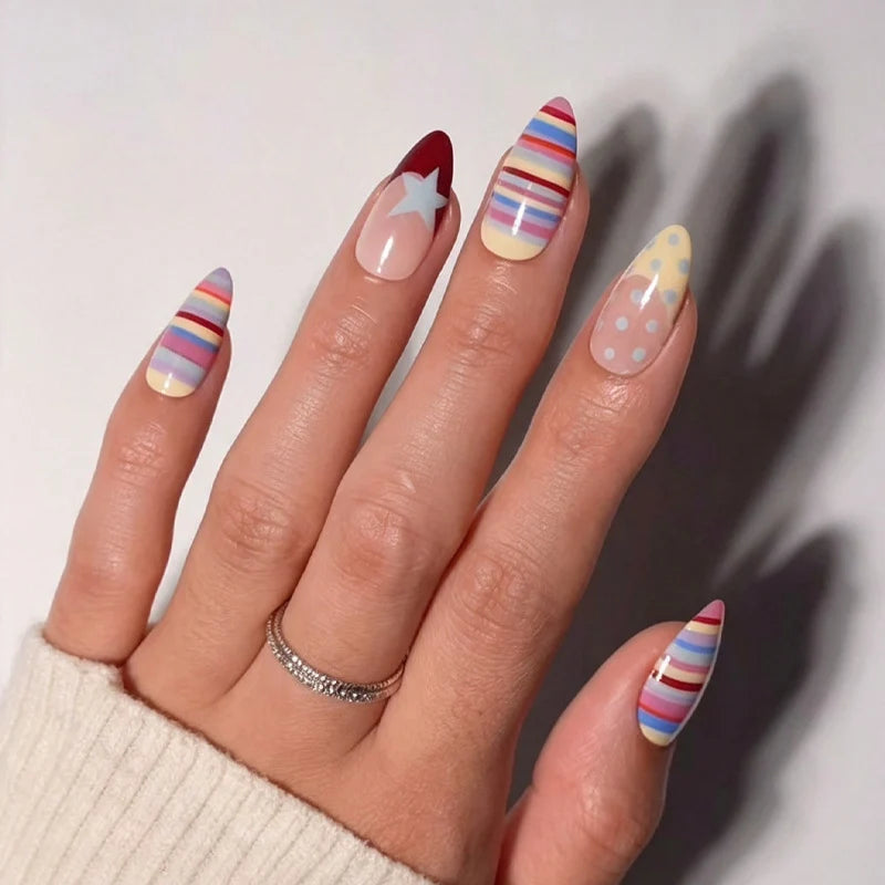 Press-On Nail Set Stripes Dots & Stars Self-Adhesive