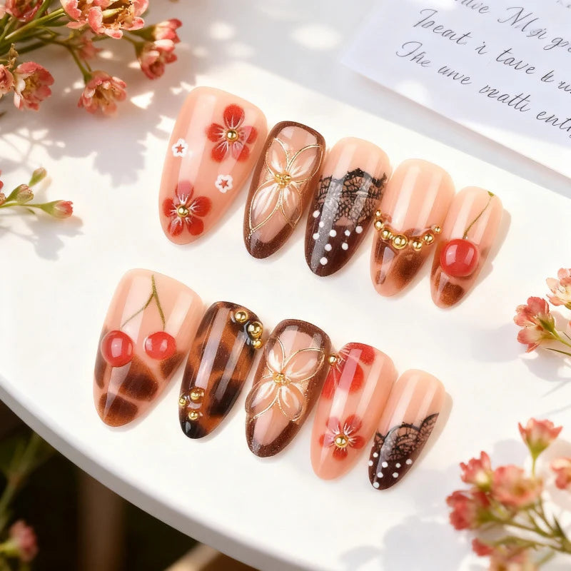 Press-On Nail Set Teal Floral & Rhinestone Reusable