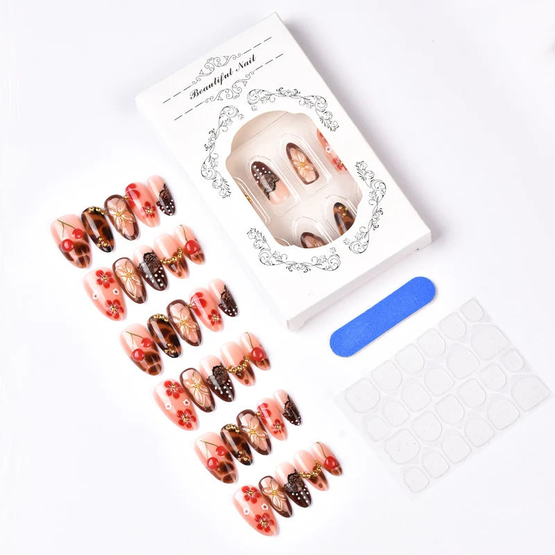Press-On Nail Set Teal Floral & Rhinestone Reusable
