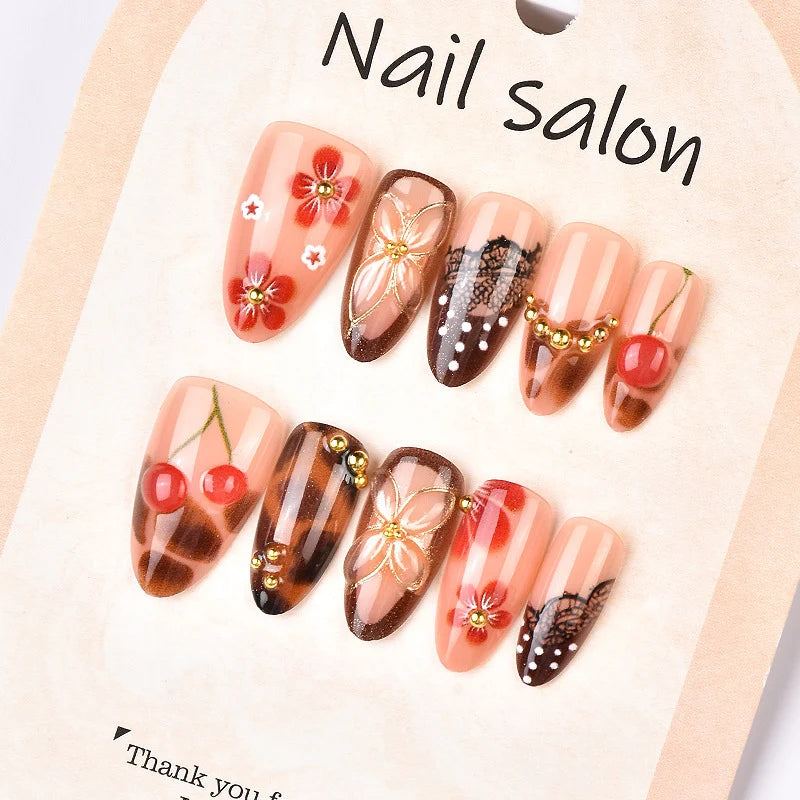 Press-On Nail Set Teal Floral & Rhinestone Reusable