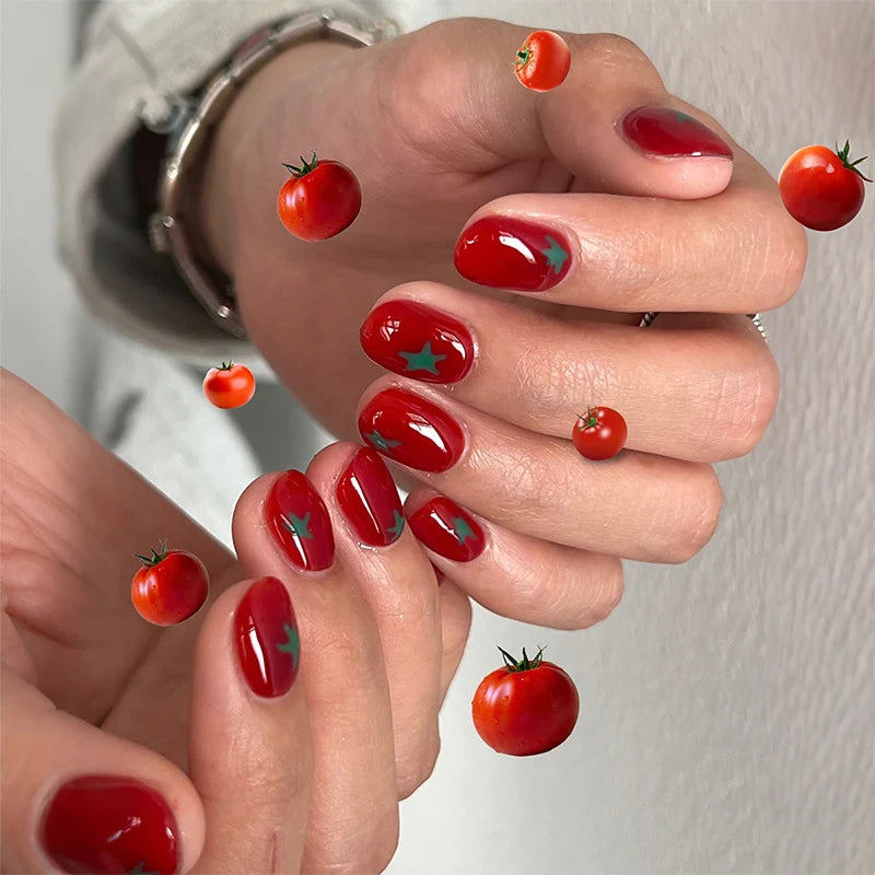 Press-On Nail Set Tomato Design Reusable Natural-Looking