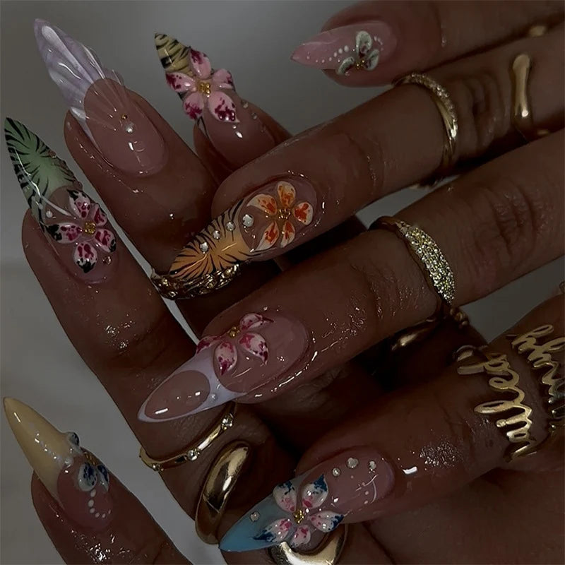 Press-On Nail Set Tropical Floral 20-Piece Easy-Apply