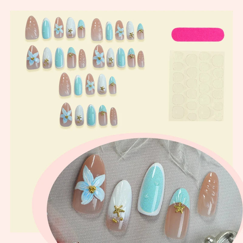 Press-On Nail Set Tropical Floral Pre-Glued Reusable