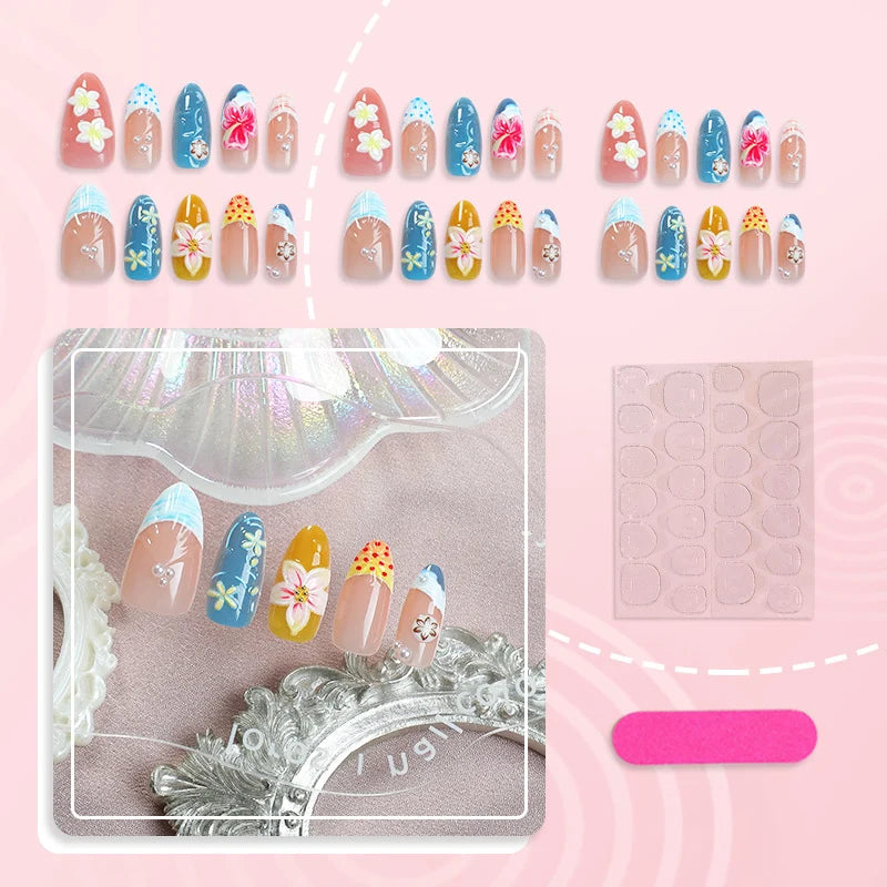 Press-On Nail Set Tropical Floral Reusable & Peel-And-Stick