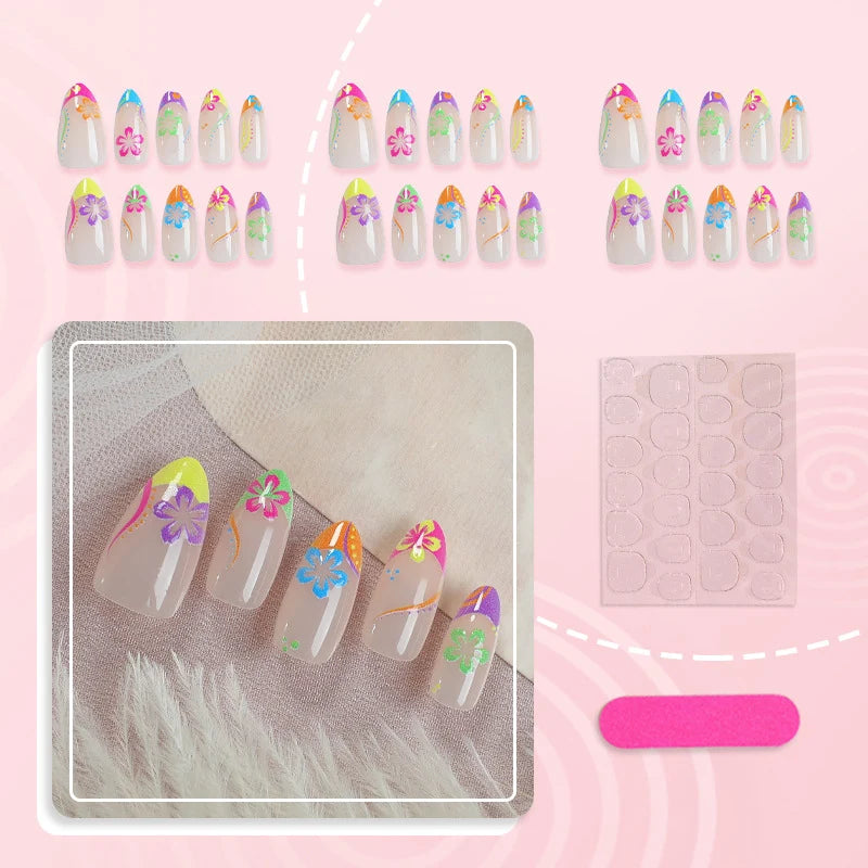 Press-On Nail Set Tropical Flower Adhesive & Multiple Sizes