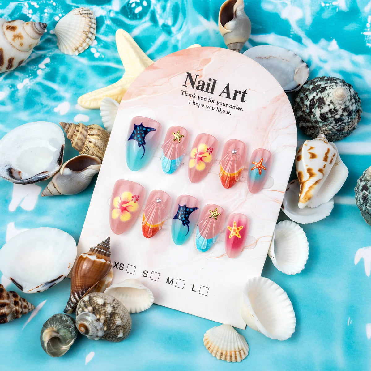 Press-On Nail Set Tropical Ocean Design Salon-Quality Size-Inclusive