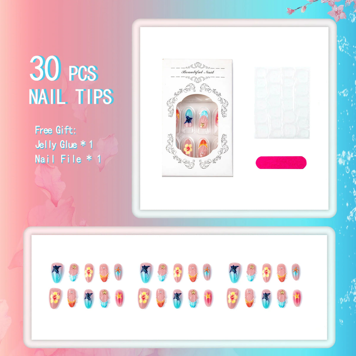 Press-On Nail Set Tropical Ocean Design Salon-Quality Size-Inclusive