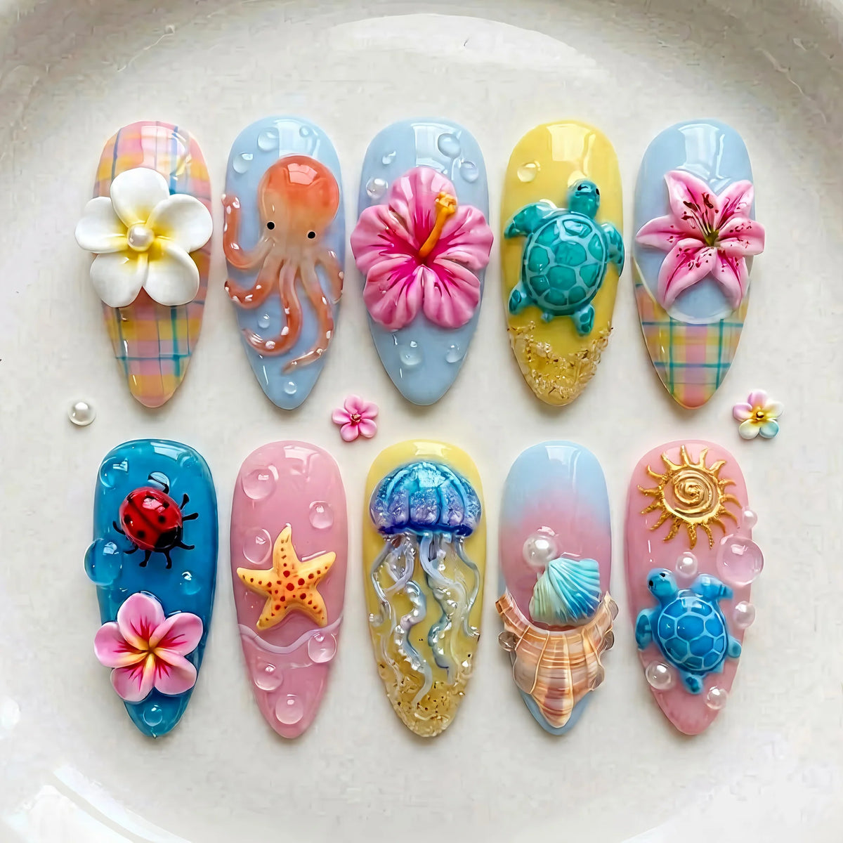 Press-On Nail Set Tropical Ocean Easy Apply & Chip-Resistant