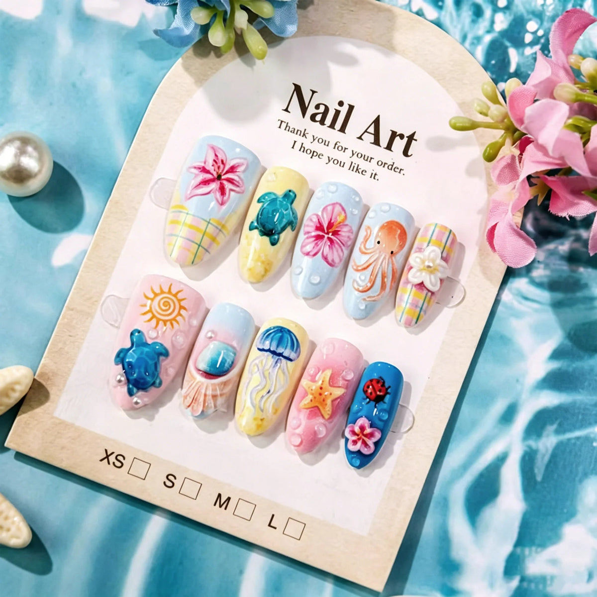 Press-On Nail Set Tropical Ocean Easy Apply & Chip-Resistant
