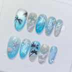 Press-On Nail Set Tropical Ocean Pre-Glued Glossy Finish