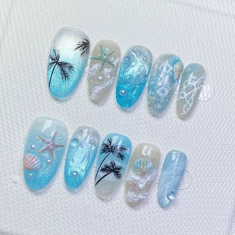 Press-On Nail Set Tropical Ocean Pre-Glued Glossy Finish