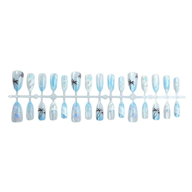 Press-On Nail Set Tropical Ocean Pre-Glued Glossy Finish