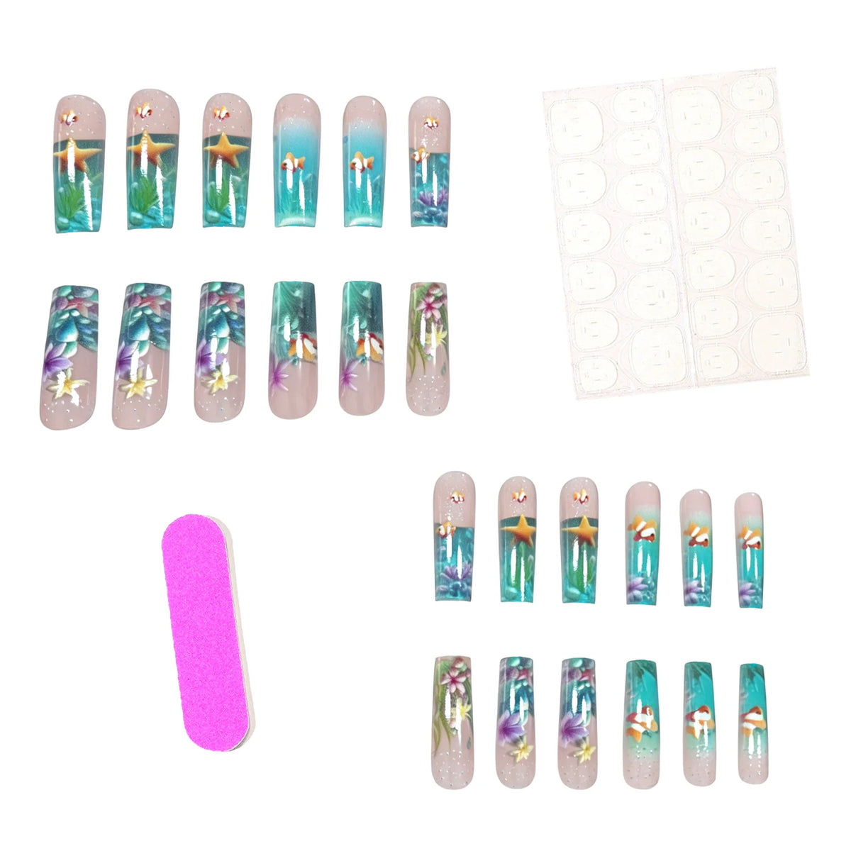 Press-On Nail Set Underwater Art Acrylic Set of 24