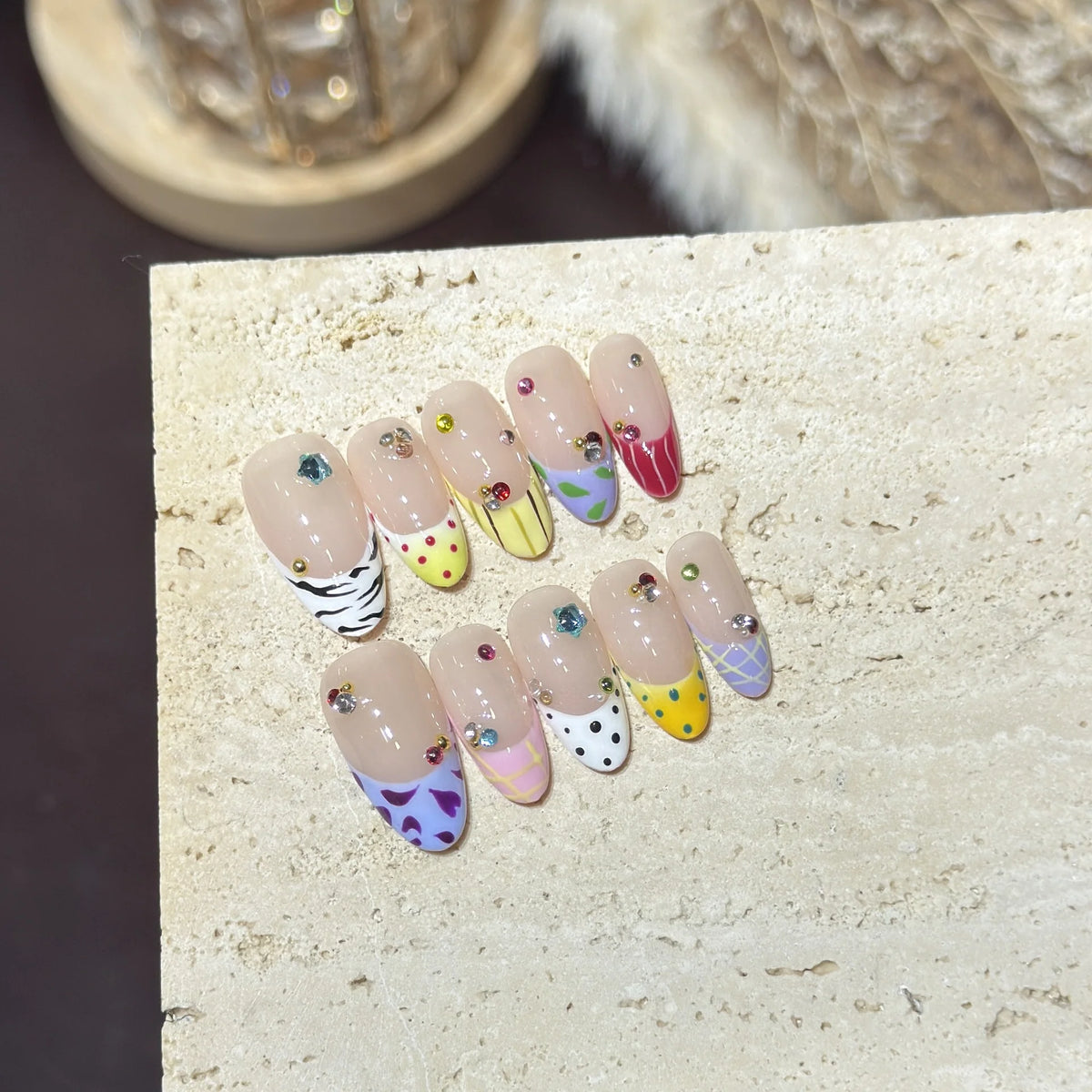 Press-On Nail Set Unique Patterns & Gem Accents