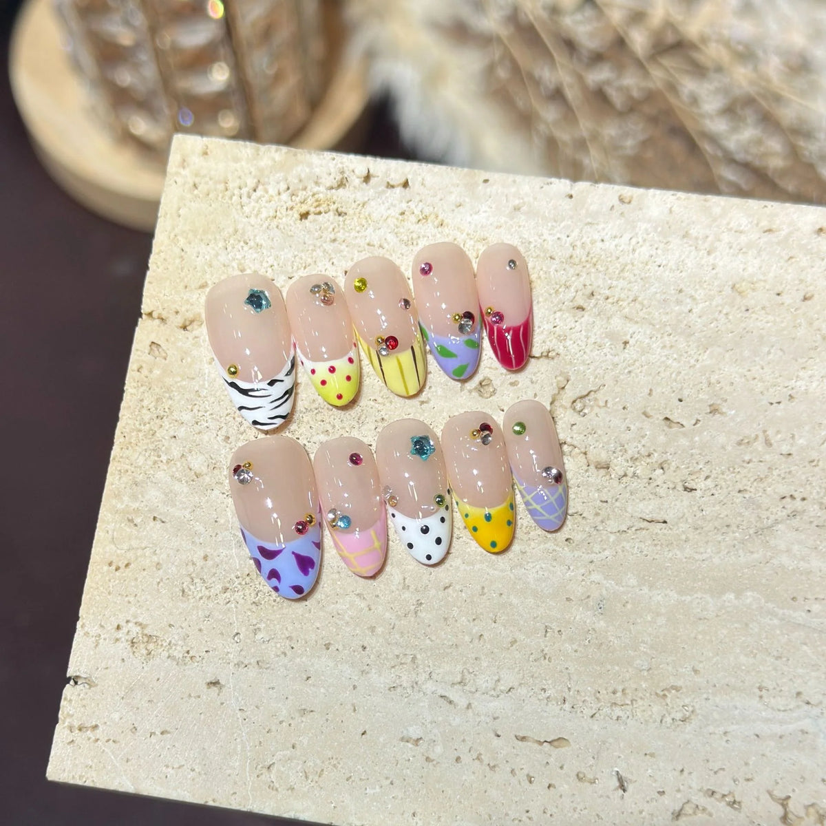 Press-On Nail Set Unique Patterns & Gem Accents